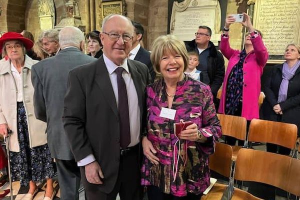 Janet Akers and her husband Peter smiling at Worcester Cathedral