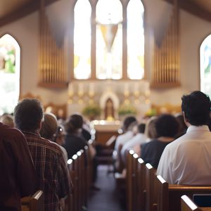 Church interior with congregation facing a decorated altar, under high wooden ceilings and stained glass windows