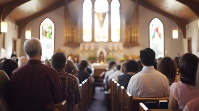Church interior with congregation facing a decorated altar, under high wooden ceilings and stained glass windows