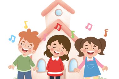 3 children stood in front of a church singing