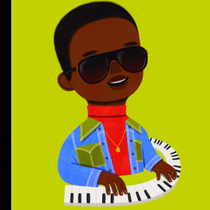 a picture of the front cover of a book.  An illustration of Stevie Wonder playing the piano.