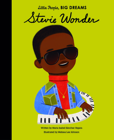 a picture of the front cover of a book. An illustration of Stevie Wonder playing the piano.