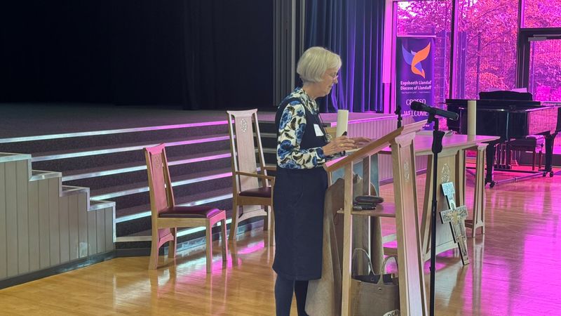 Dr Anne Spalding TSSF speaks from a lectern during the Diocesan Conference, with a wooden altar, cross and purple-lit stage in the background.