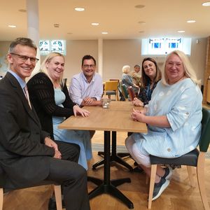 Members of the Diocesan Office staff enjoying a coffee in St Elvans, Aberdare.