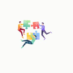 Cartoon people fitting together jigsaw pieces